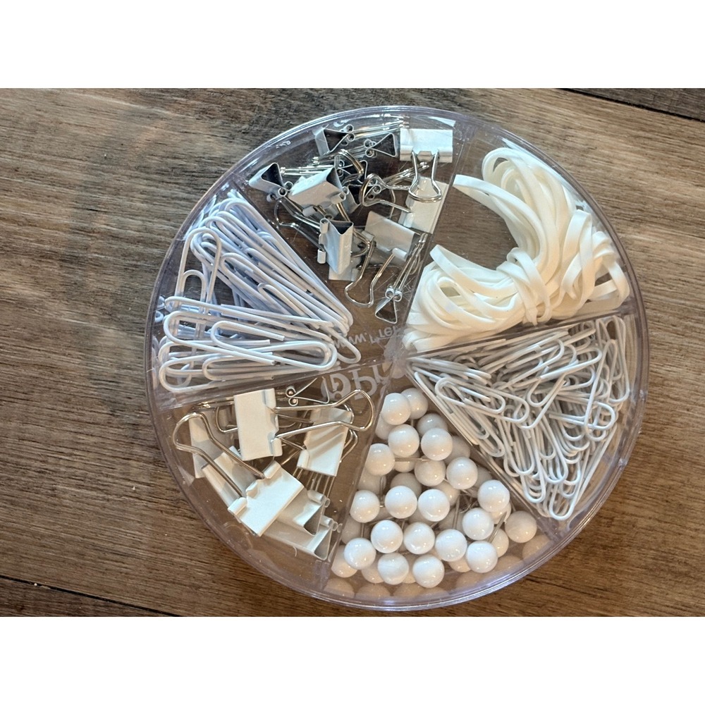 Office Supply Kit White Binder Clips Paper Clips Push Pins Rubber Bands